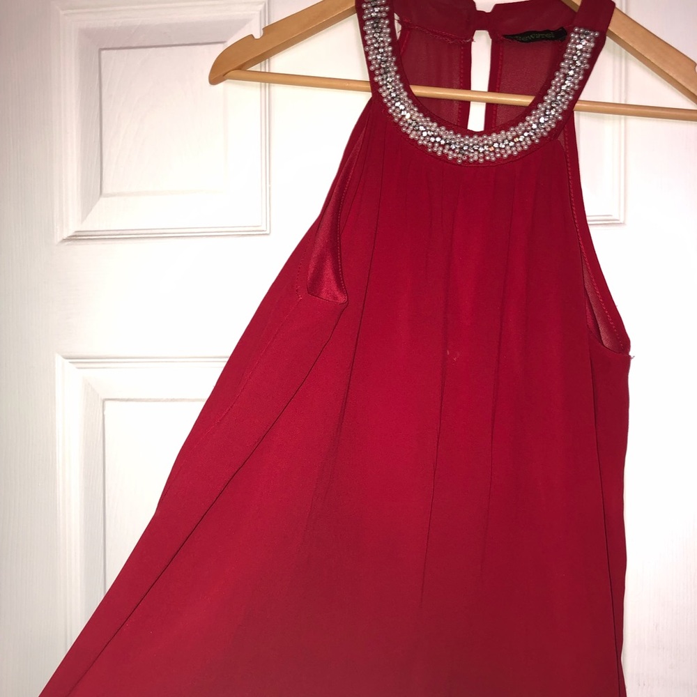 Red pearl neckline top